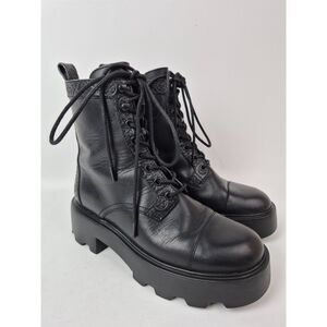 Tory Burch Women's Black T Monogram Lug Sole Ankle Combat Leather Boots Size 8.5